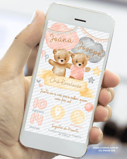 Convite interativo de chá revelação com ursinhos e elementos delicados, apresentado em celular, arquivo digital em PDF pronto para envio online.