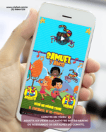 Convite animado em vídeo tema 3 Palavrinhas exibido na tela do celular para aniversário infantil
