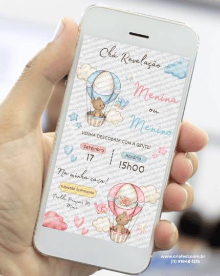 Convite digital para chá revelação com ilustração de balões em tons de azul e rosa, ursinhos e nuvens, exibido na tela de um celular.