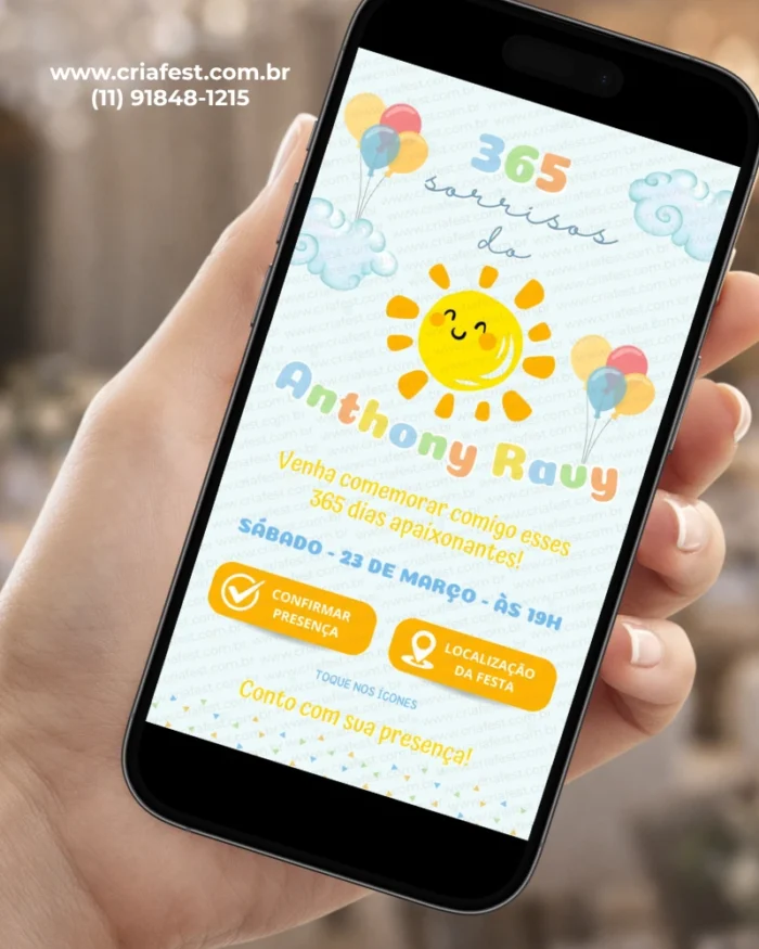 Convite interativo 365 Sorrisos para Menino para aniversário de 1 ano, com sol, balões, nuvens e elementos coloridos em um design infantil alegre.