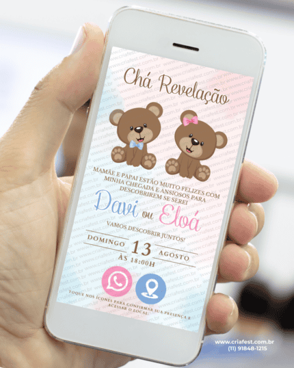 Convite digital interativo de chá revelação com dois ursinhos e destaque para descoberta se é menino ou menina, em tons rosa e azul, exibido em celular.