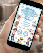 Convite Interativo Patrulha Canina para Menino com personagens da Patrulha Canina, incluindo Chase, Marshall, Rubble, Rocky, Zuma e Ryder, em design azul para aniversário infantil.
