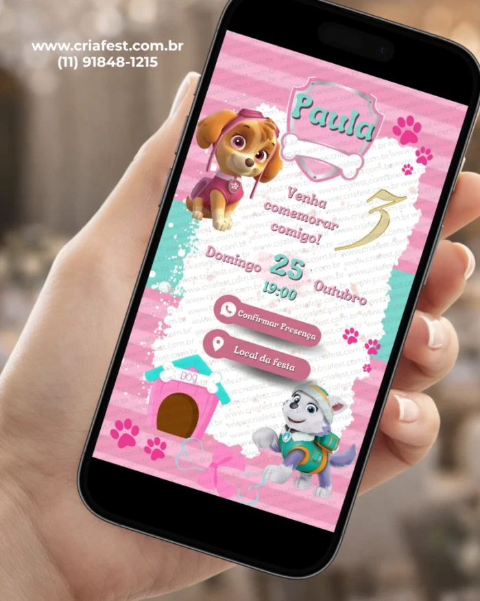 Convite Online Patrulha Canina Menina com Skye e Everest em destaque, em um design rosa e turquesa com patinhas, detalhes infantis e informações de aniversário.