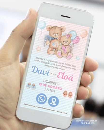 Convite interativo para chá revelação com ursinhos e balões em tons suaves, exibido na tela de um celular, arquivo digital em PDF pronto para envio online.