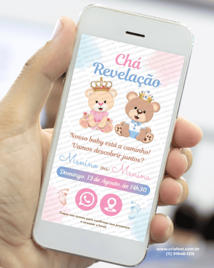 Convite interativo para chá revelação com ursinhos coroados em tons de rosa e azul, exibido em smartphone, com botões clicáveis para WhatsApp e localização.