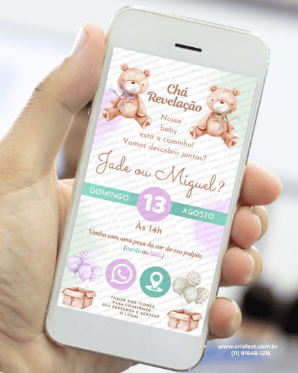 Convite interativo para chá revelação em tons de verde e lilás, com ursinhos delicados, exibido em smartphone, com botões clicáveis para WhatsApp e localização.