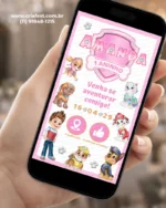 Convite Patrulha Canina para Menina Rosa com Skye, Everest e personagens da Patrulha Canina em um design infantil rosa.