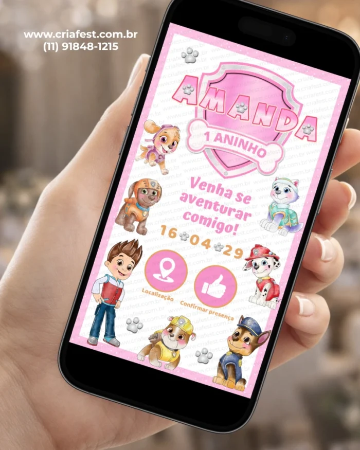 Convite Patrulha Canina para Menina Rosa com Skye, Everest e personagens da Patrulha Canina em um design infantil rosa.