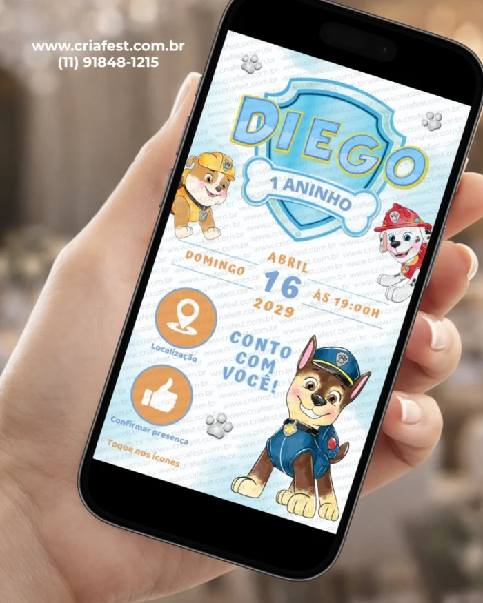 Convite Virtual Patrulha Canina com Chase, Rubble e Marshall em destaque, em um design azul e laranja para aniversário infantil, com botões interativos de localização e confirmação de presença.