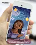Convite Wish animado com fotos personalizado para aniversário infantil, exibido em celular com vídeo e personagem do filme Wish.
