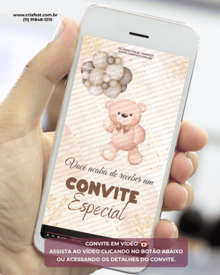 Convite animado para chá revelação com ursinho em tons neutros. Convite digital em vídeo para enviar pelo WhatsApp e convidar amigos e familiares.