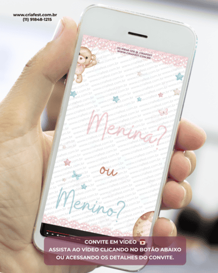 convite animado para chá revelação com ursinho rosa e azul convite digital em vídeo para enviar pelo WhatsApp para revelação se é menino ou menina