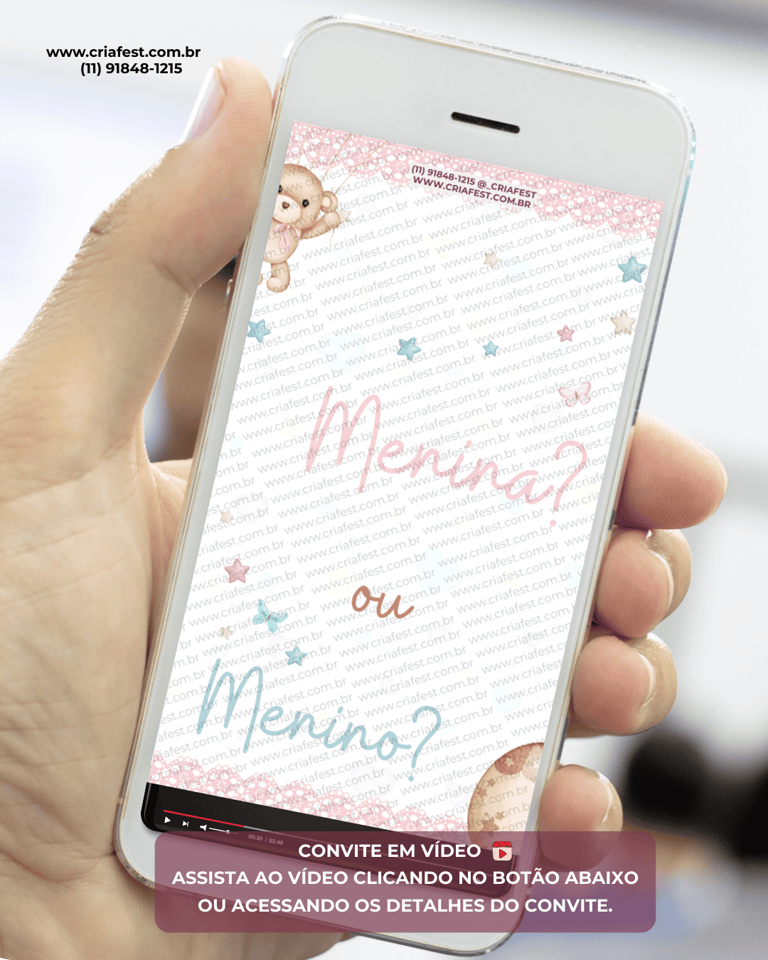 convite animado para chá revelação com ursinho rosa e azul convite digital em vídeo para enviar pelo WhatsApp para revelação se é menino ou menina