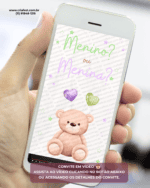 convite animado para chá revelação com ursinho e corações verde e lilás convite digital em vídeo para enviar pelo WhatsApp menino ou menina