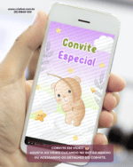 Convite animado para chá revelação com ursinho pescando estrela em tema infantil