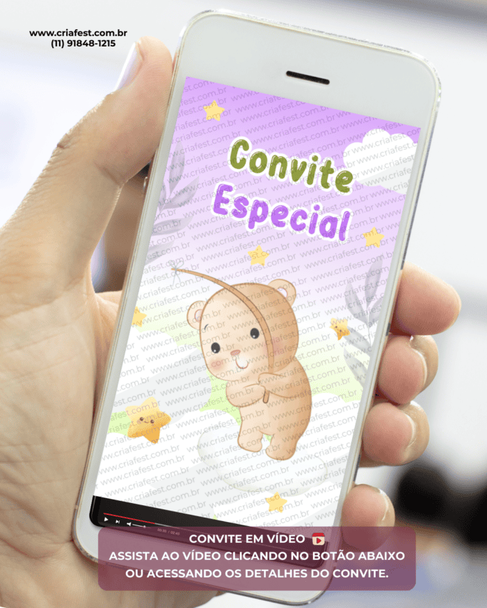 Convite animado para chá revelação com ursinho pescando estrela em tema infantil