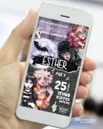 Mão segurando celular com convite digital da Wandinha com fundo escuro e lua, personagens estilo Família Addams.