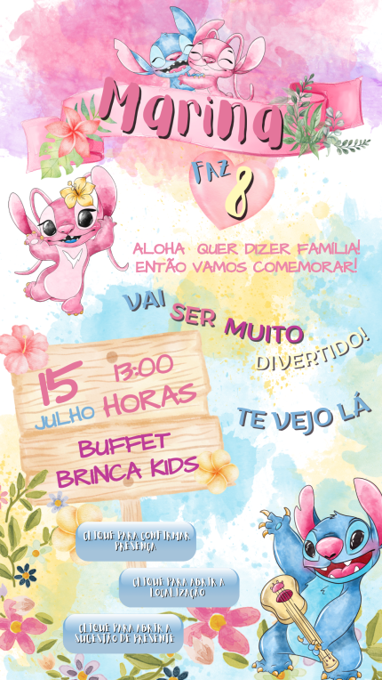 Convite Interativo com Sugestão de Presente Angel e Stitch