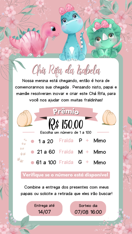 Convite Digital Chá Rifa Dino Baby