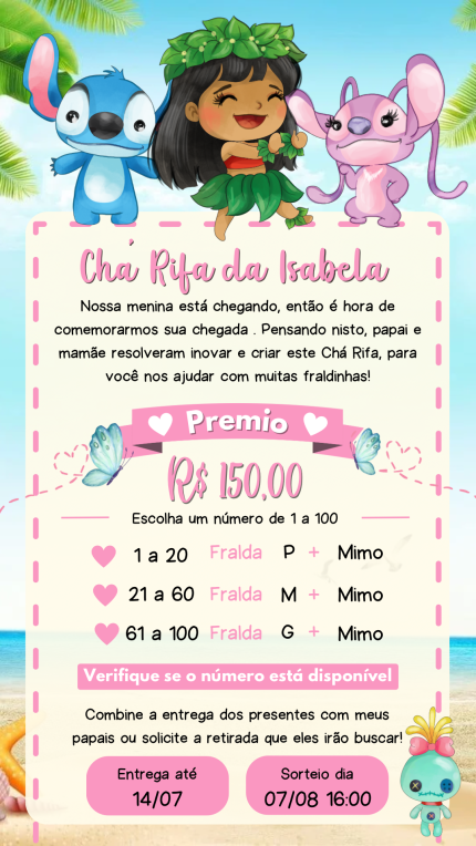 Convite Digital Chá Rifa Lilo e Stitch
