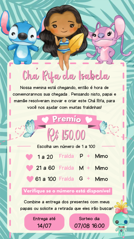 Convite Digital Chá Rifa Lilo e Stitch