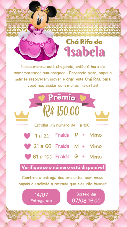 Convite Digital Chá Rifa Minnie Realeza