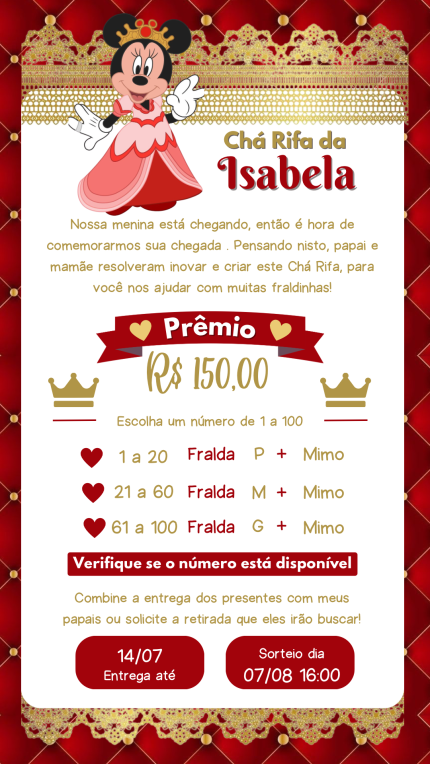 Convite Digital Chá Rifa Minnie Realeza