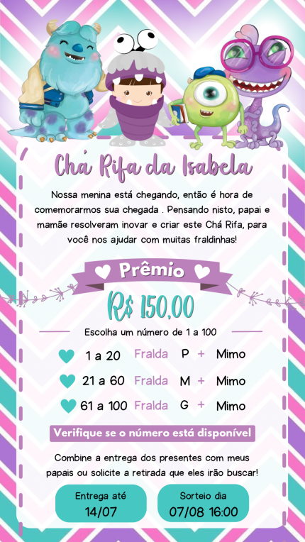 Convite Digital Chá Rifa Monstros S.A