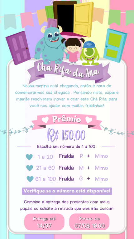 Convite Digital Chá Rifa Monstros S.A