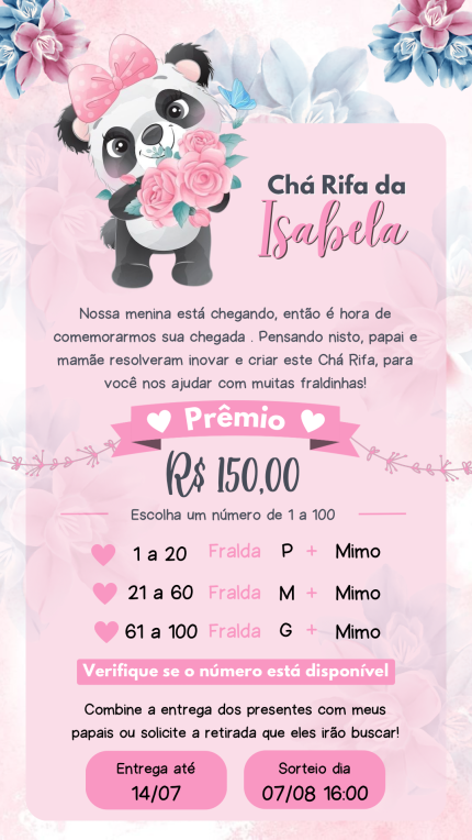 Convite Digital Chá Rifa Panda Cute