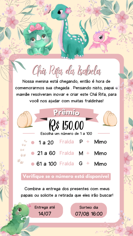 Convite Digital Chá Rifa Dino Baby