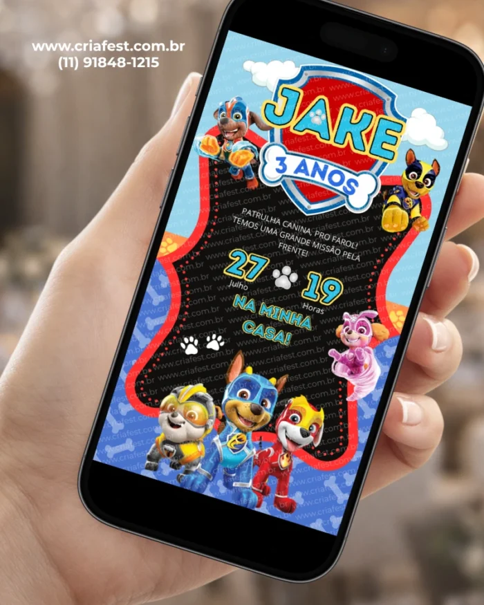 Convite Digital Patrulha Canina com Chase, Marshall, Rubble, Rocky, Skye, Zuma e outros personagens em um design azul, vermelho e preto para aniversário infantil.