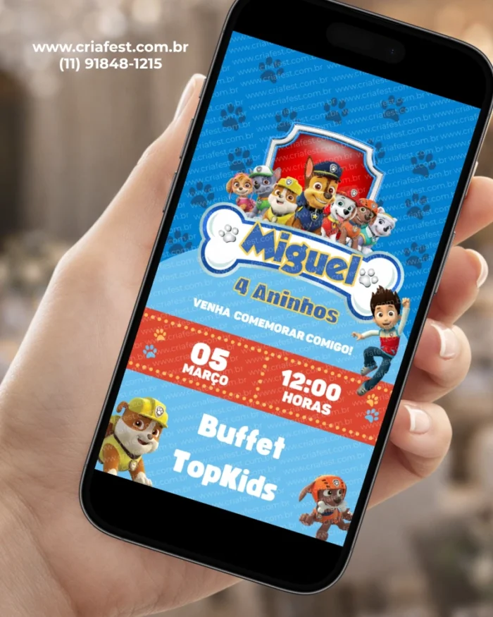 Convite Digital Patrulha Canina Azul com Chase, Marshall, Rubble, Rocky, Skye, Zuma e Everest em um design infantil azul para aniversário.