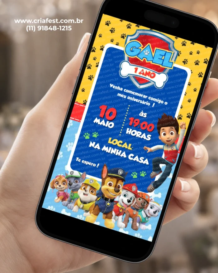 Convite Digital Patrulha Canina Menino com Chase, Marshall, Rubble, Rocky, Skye, Zuma, Everest e Ryder em um design infantil azul e amarelo para aniversário.