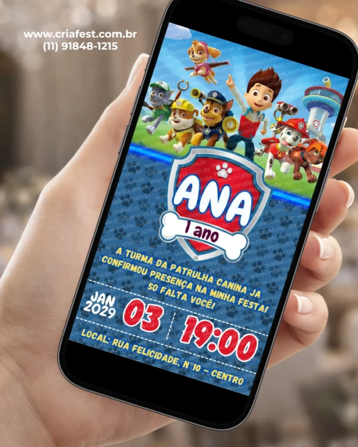 Convite Patrulha Canina Digital com Chase, Marshall, Rubble, Rocky, Skye, Zuma, Everest e Ryder em um design azul para aniversário infantil.