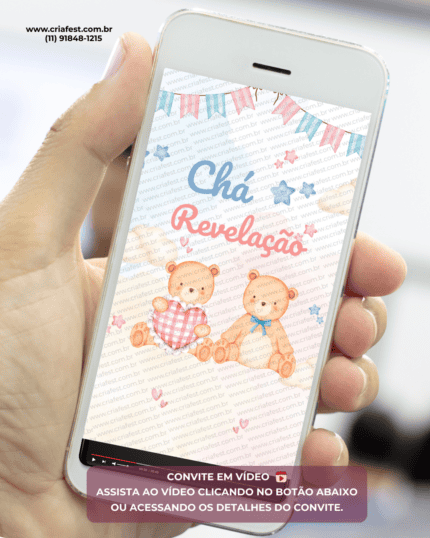 Convite animado para chá revelação com ursinhos em tons azul e rosa para enviar pelo WhatsApp