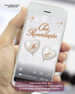 Convite animado para chá revelação com balões em formato de coração e design elegante. Convite digital em vídeo para enviar pelo WhatsApp e convidar amigos e familiares para descobrir se é menino ou menina.