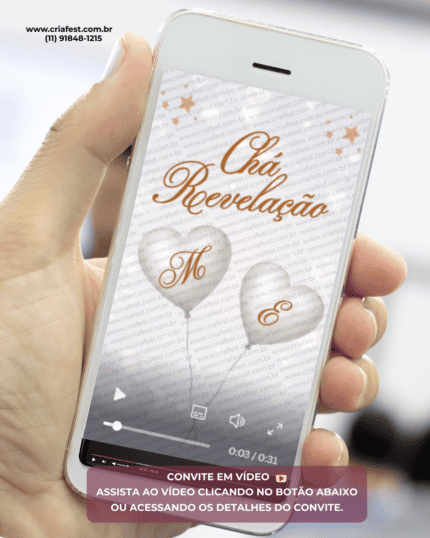 Convite animado para chá revelação com balões em formato de coração e design elegante. Convite digital em vídeo para enviar pelo WhatsApp e convidar amigos e familiares para descobrir se é menino ou menina.