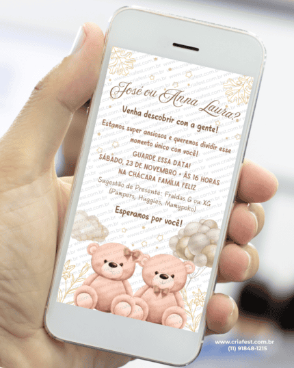 Convite digital de chá revelação com ursinhos em tons neutros e detalhes delicados, apresentado em celular, pronto para envio online.