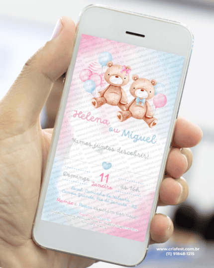 Convite digital para chá revelação com ursinhos sentados e balões rosa e azul, arte delicada apresentada em celular, pronta para envio online.