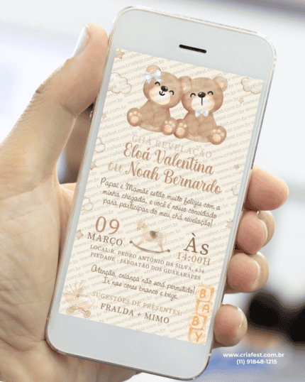 Convite digital de chá revelação em tons neutros com ursinhos delicados, exibido em smartphone, pronto para envio online.