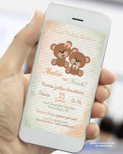 Convite digital de chá de fraldas revelação com ursinhos em tons de verde e laranja, arte delicada apresentada em celular para envio online.