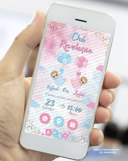 Convite digital interativo para chá revelação com bebês segurando balões azul e rosa exibido em celular