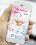 Convite digital interativo para chá revelação com ursinhos e corações rosa e azul exibido em celular