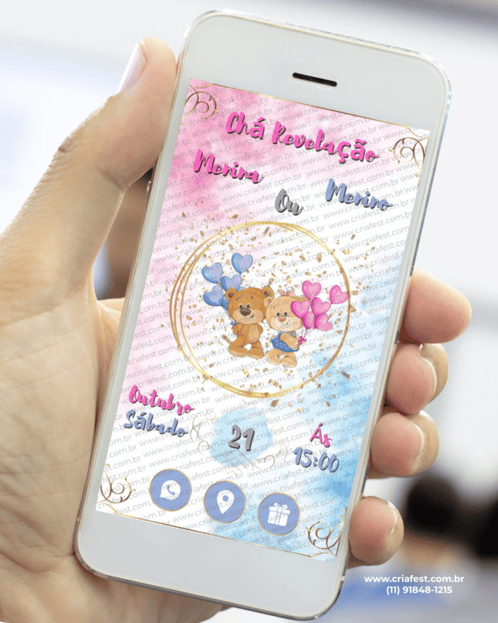 Convite digital interativo para chá revelação com ursinhos e corações rosa e azul exibido em celular