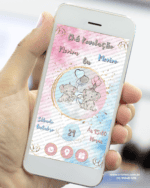 Convite digital interativo para chá revelação com elefantinhos e balões azul e rosa exibido em celular