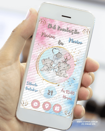 Convite digital interativo para chá revelação com elefantinhos e balões azul e rosa exibido em celular