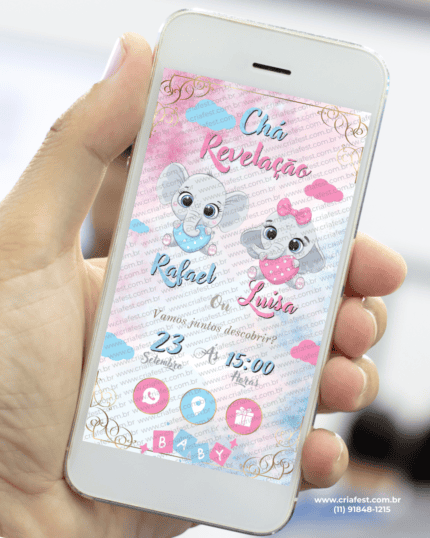 Convite digital interativo para chá revelação com elefantinhos em rosa e azul, convite em PDF com botões clicáveis para presença e localização.