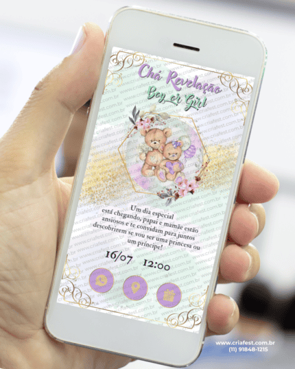 Convite interativo para chá revelação boy or girl com ursinhos e flores em tons lilás, verde e dourado, convite digital em PDF com botões clicáveis.
