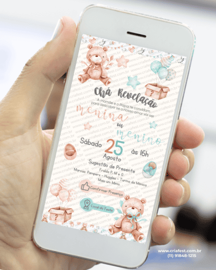 Convite interativo de chá revelação com ursinhos e elementos infantis, apresentado em celular, arquivo digital em PDF pronto para envio online.